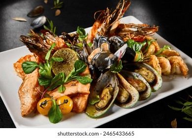 Gourmet Assorted Seafood Platter With Mussels, Salmon, Shrimp, and Octopus on Elegant Tableware.