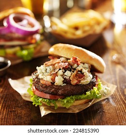 Gourmet Bacon And Bleu Cheese Burgers With Beer