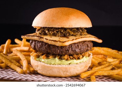 Gourmet Burger with Melted Cheese and French Fries on Side - Powered by Shutterstock