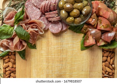 Gourmet Charcuterie Board Flat Lay Top Down With Copy Space