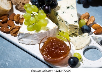 Gourmet Cheese Platter, Fresh Ciabatta, Grapes And Jams, Top View Horizontal