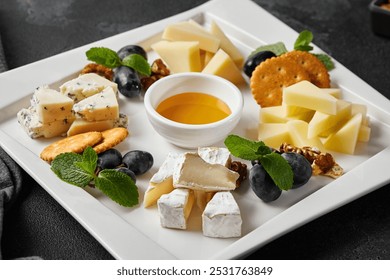 Gourmet Cheese Platter with Honey Dip and Fresh Grapes on White Ceramic Plate - High Contrast Food Photography.