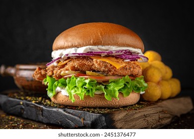 Gourmet chicken burger with cheese and veggies. Juicy delicious hamburger on darkmood picture for restaurant decoration, poster.  - Powered by Shutterstock