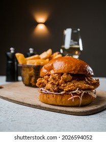 Gourmet Chicken Burger And Chips And Wine