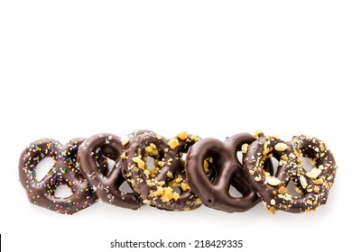 Gourmet Chocolate Covered Pretzels On A White Background.