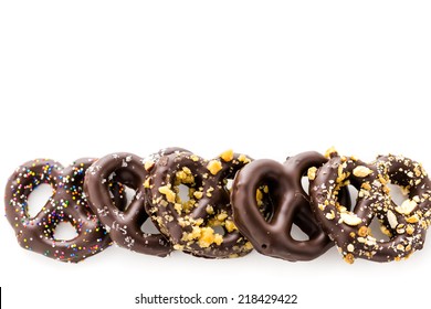 Gourmet Chocolate Covered Pretzels On A White Background.