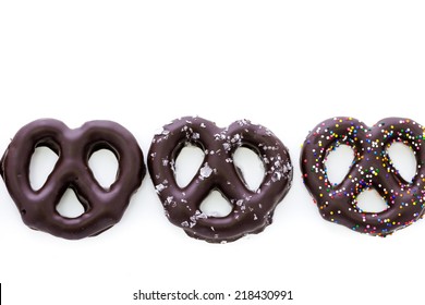 Gourmet Chocolate Covered Pretzels On A White Background.