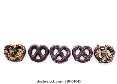 Gourmet Chocolate Covered Pretzels On A White Background.