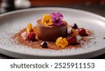 Gourmet Chocolate Dessert With Edible Flowers and Raspberries