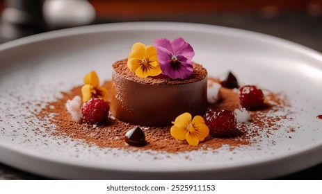 Gourmet Chocolate Dessert With Edible Flowers and Raspberries - Powered by Shutterstock