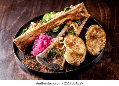 gourmet dish featuring roasted bone marrow with garnishes and toasted bread on a rustic wooden table. Ideal for culinary themes, food blogs, and restaurant promotions.