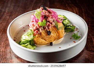 Gourmet dish with a potato base, topped with meat, herbs, radish slices, and caviar, served on a white plate. Perfect for culinary presentations and food photography. - Powered by Shutterstock