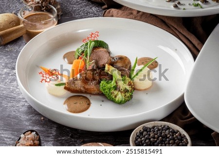 Gourmet dish with vegetables and steak, beautifully plated with sauces, served on a white plate in a restaurant setting.