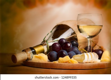 Gourmet Food Background, Border With Wine, Cheese And Grapes