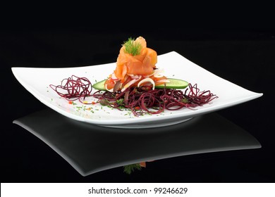 Gourmet Food Dish. Smoked Salmon With Vegetables