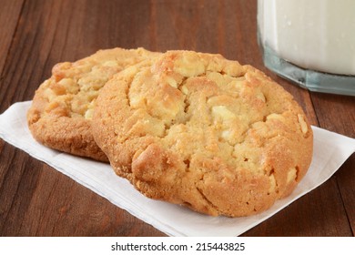 Gourmet Macadamia Nut Cookies With A Glass Of Milk