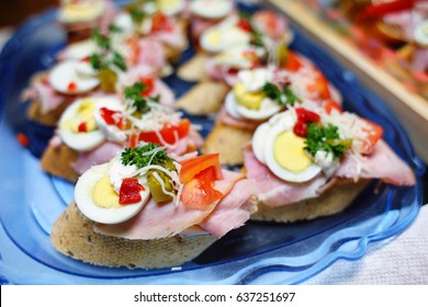 Gourmet Open Face Sandwich Platter Catering Ham On Sliced French Bread With Boiled Egg And Garnish