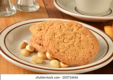 Gourmet Peanut Butter Cookies With Butterscotch Morsels And A Cup Of Coffee