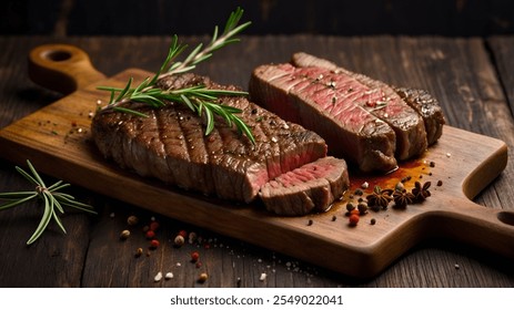 Gourmet prepared Premium steak with rosemary, cut into equal pieces on light ceramic dish in a rustic dark brown style, on an old wooden board. Different spices and rosemary add contrast.