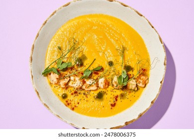 Gourmet Pumpkin Cream Soup with Shrimp Garnish on Pastel Background. - Powered by Shutterstock