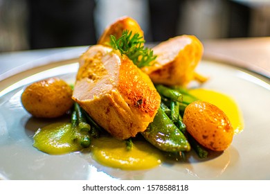Gourmet Restaurant Dish With Dessert, Meat, Fish Or Entree
