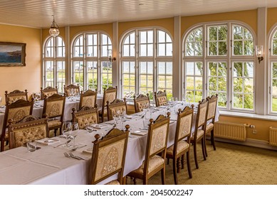 Gourmet Restaurant With Exquisite Empire Furniture And Views To The Beach In The Aarøsund Seaside Hotel From 1906, Aarosund, Denmark, August 27, 2021