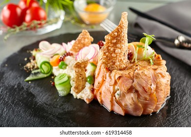 Gourmet Restaurant Food - Delicious Smoked Salmon And Vegetable Salad. Luxury Appetizer Restaurant Food