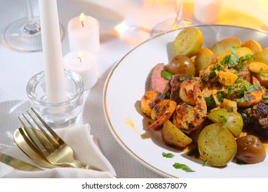 Gourmet Surf And Turf Cajun Shrimp And Steak Dinner Entree With New Potatoes At A Fancy Expensive Wedding