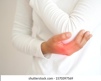 Gout And Office Syndrome,including Lupus And Lyme Disease In Woman And She Use Hand Touching On Her Elbow And Symptoms Of Pain And Suffering Use For Health Care And Medicine Product Concept.