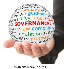 Governance concept. Hand take white ball with wordcloud and governance word in red color.