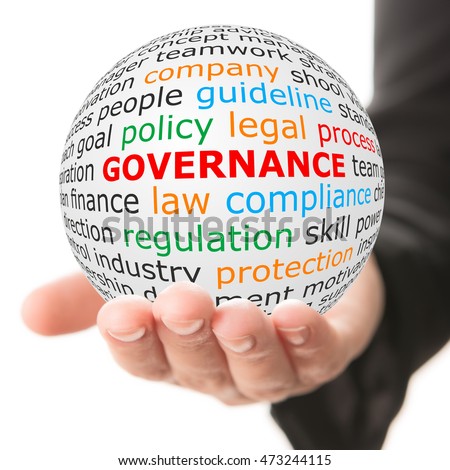 Governance concept. Hand take white ball with wordcloud and governance word in red color.