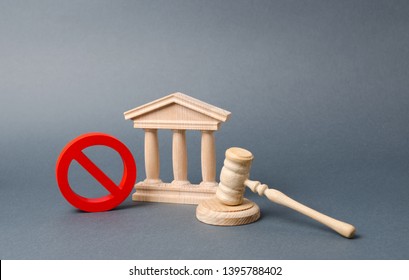 Government or bank building and a red NO symbol with a judge gavel. Declaration of default or bankruptcy of the bank. The adoption of restrictions or sanctions. Cancellation of law or decree.