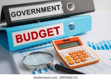 Government, BUDGET. Binder Data Finance Report Business With Graph Analysis In Office.