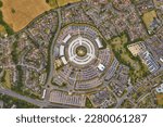 Government Communications Headquarters - GCHQ looking down aerial view from above – Bird’s eye view GCHQ, Cheltenham, UK	