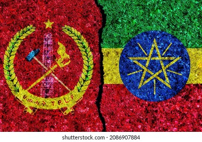 Government Of Ethiopia And Tigray People’s Liberation Front (TPLF) Painted Flags On A Wall With Grunge Texture. Ethiopia And TPLF Conflict. Tigray War. Ethiopia Vs TPLF