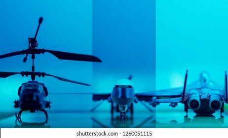 Government Military Defence Technology Blurry Abstract Background, Helicopter And Drone , Concepts Of Modern Military Operation Or Military Grade Product. 