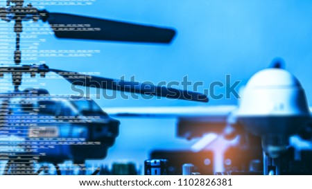 Government Military Technology Blurry Abstract Background, Helicopter And Drone With Computer Programming Code, Concepts Of Modern Military Operation. 