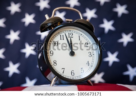 Government Shutdown, Alarm Clock and American Flag, Low Angle ストックフォト © 