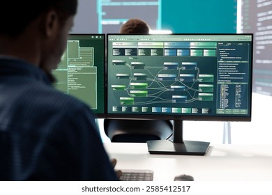 Governmental hacker expert securing computer systems from cyber attacks, working in monitoring center control room. Man focusing on encryption and espionage against cyber threats.