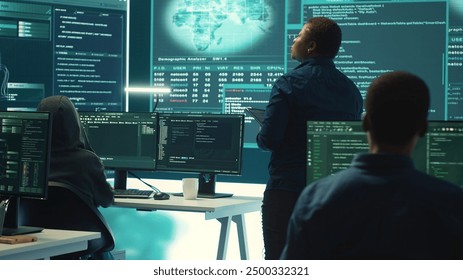 Governmental hacking group targeting sensitive information through high tech cyber attacks, digital espionage. Team of IT experts working on national security and data privacy servers. Camera A.