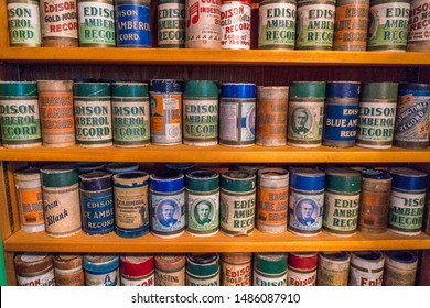 Gower Manor, St. John's Newfoundland - June 21, 2019: A Large And Colorful Collection Of Antique Edison Amberol Record Phonograph Cylinders Displayed On Custom Made Shelves.