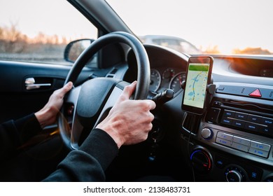 Gps Car Map System. Global Positioning System On Smartphone Screen In Auto Car On Travel Road. Navigation Auto Location System App