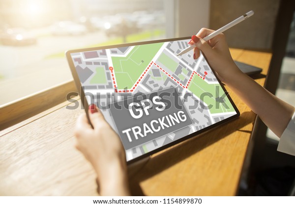 GPS (Global positioning system) tracking map on\
device screen.