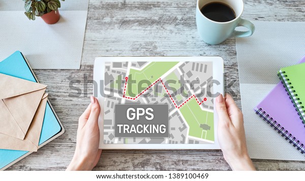 GPS Global positioning system tracking map on\
device screen.