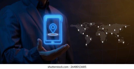GPS location pin pointer icon on virtual screen. Appearing pointer for navigation. Point of interest. Sign and pin to indicate the route and location on the virtual maps.