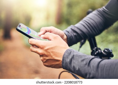 Gps, Map And Cyclist With Smartphone For Digital Travel Guidance In Nature Fitness Trail. Mobile Technology For Cycle Safety, Security And Help For Man Travelling In Remote Location.