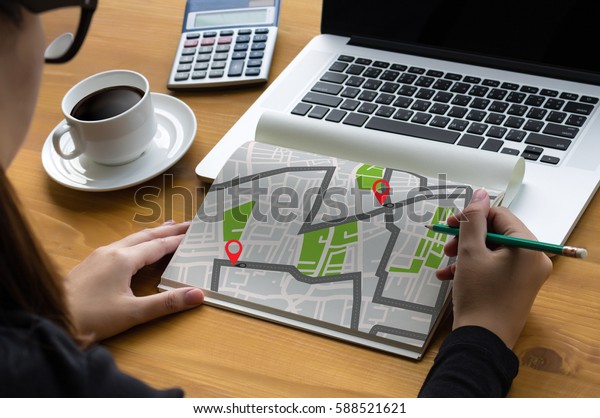 GPS Map to Route Destination Location,Street\
Map with GPS Icons,\
Navigation