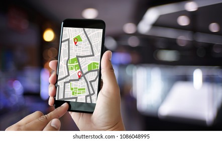 GPS Map to Route Destination network connection Location Street Map with GPS Icons  Navigation - Shutterstock ID 1086048995
