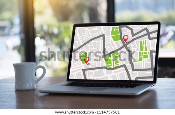 GPS Map to Route Destination\
network connection Location Street Map with GPS Icons \
Navigation