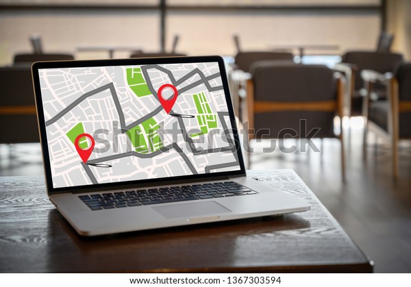 GPS Map to Route Destination\
network connection Location Street Map with GPS Icons\
Navigation